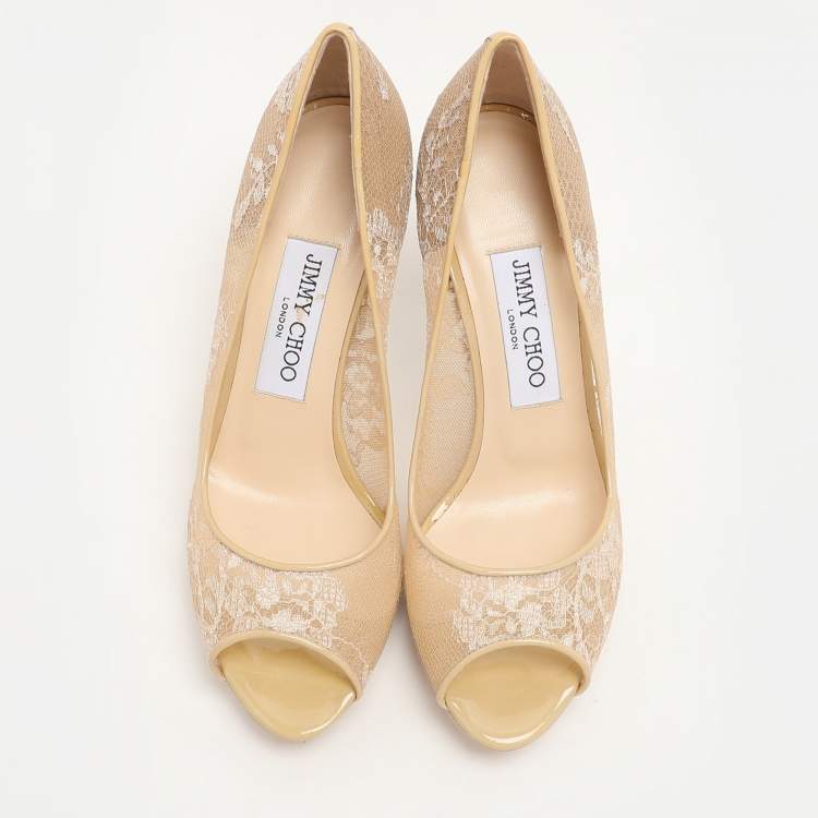 Pre Owned Jimmy Choo Beige Lace Luna Peep Toe Pumps Size 36.5
