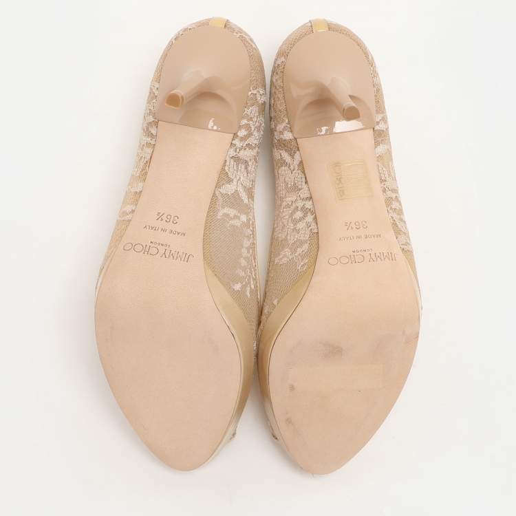 Pre Owned Jimmy Choo Beige Lace Luna Peep Toe Pumps Size 36.5