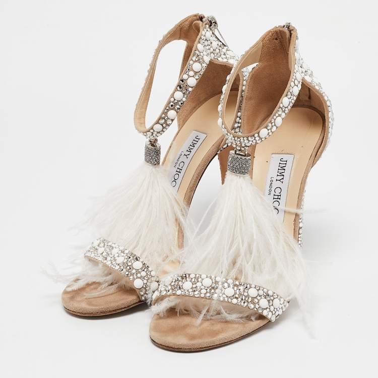Pre Owned Jimmy Choo Metallic Beige Suede and Crystal Embellished  Voila Ankle Cuff Sandals Size 39