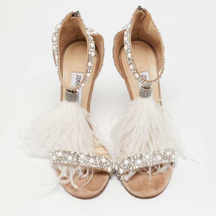 Pre Owned Jimmy Choo Metallic Beige Suede and Crystal Embellished  Voila Ankle Cuff Sandals Size 39
