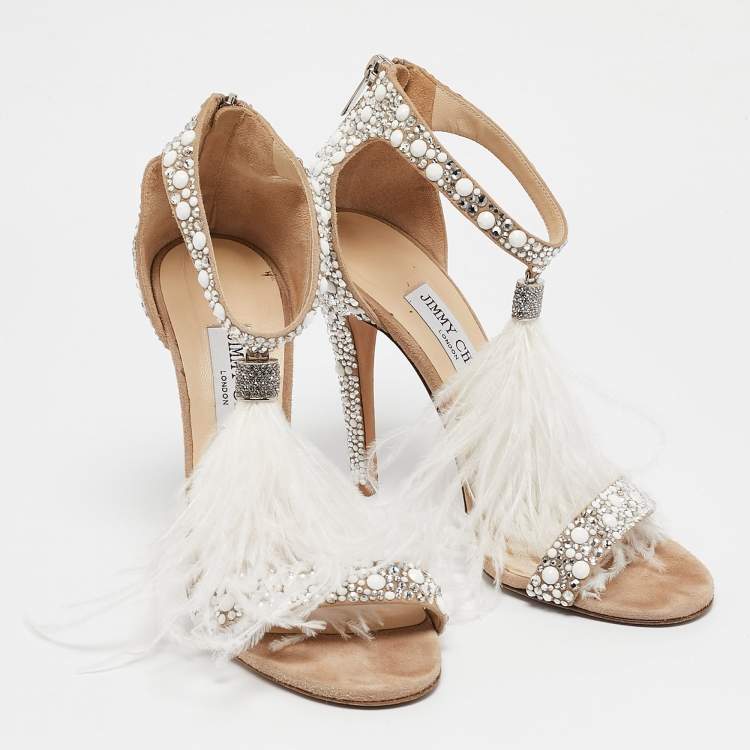 Pre Owned Jimmy Choo Metallic Beige Suede and Crystal Embellished  Voila Ankle Cuff Sandals Size 39