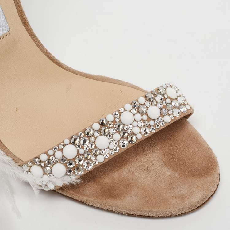 Pre Owned Jimmy Choo Metallic Beige Suede and Crystal Embellished  Voila Ankle Cuff Sandals Size 39