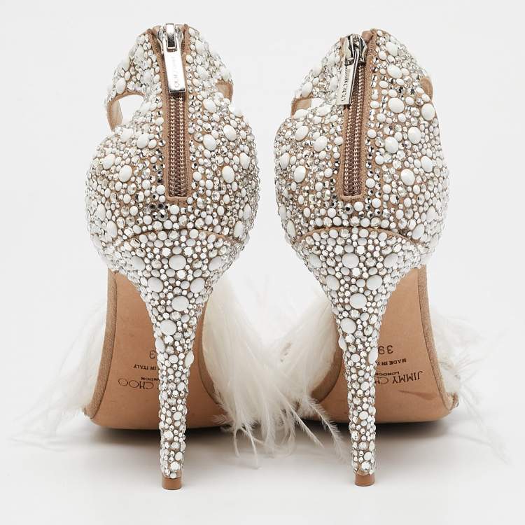 Pre Owned Jimmy Choo Metallic Beige Suede and Crystal Embellished  Voila Ankle Cuff Sandals Size 39