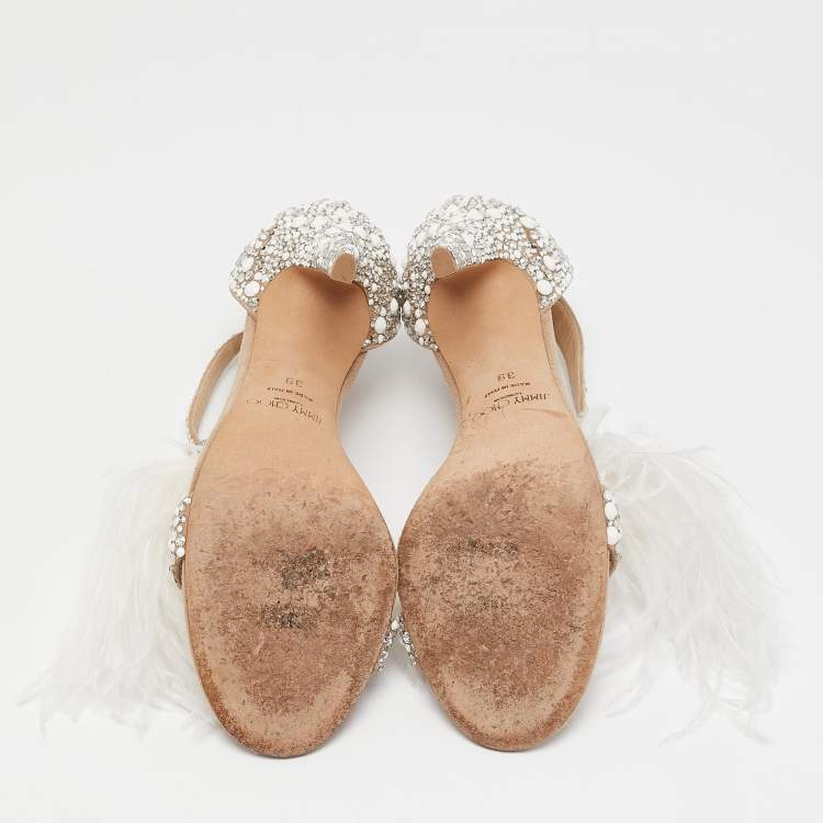 Pre Owned Jimmy Choo Metallic Beige Suede and Crystal Embellished  Voila Ankle Cuff Sandals Size 39