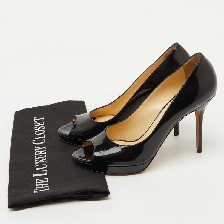 Pre Owned Jimmy Choo Black Patent Leather Crown Platform Peep Toe Pumps Size 39.5