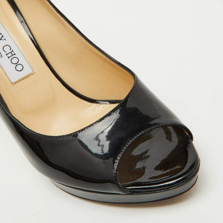 Pre Owned Jimmy Choo Black Patent Leather Crown Platform Peep Toe Pumps Size 39.5