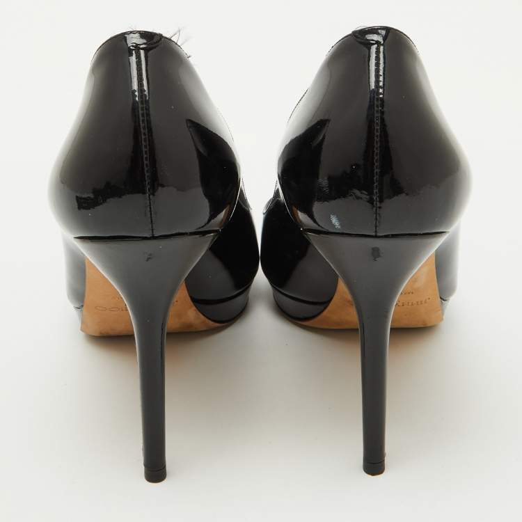 Pre Owned Jimmy Choo Black Patent Leather Crown Platform Peep Toe Pumps Size 39.5