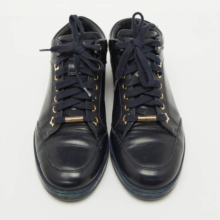 Pre Owned Jimmy Choo Navy Blue Leather Low Top Sneakers Size 38