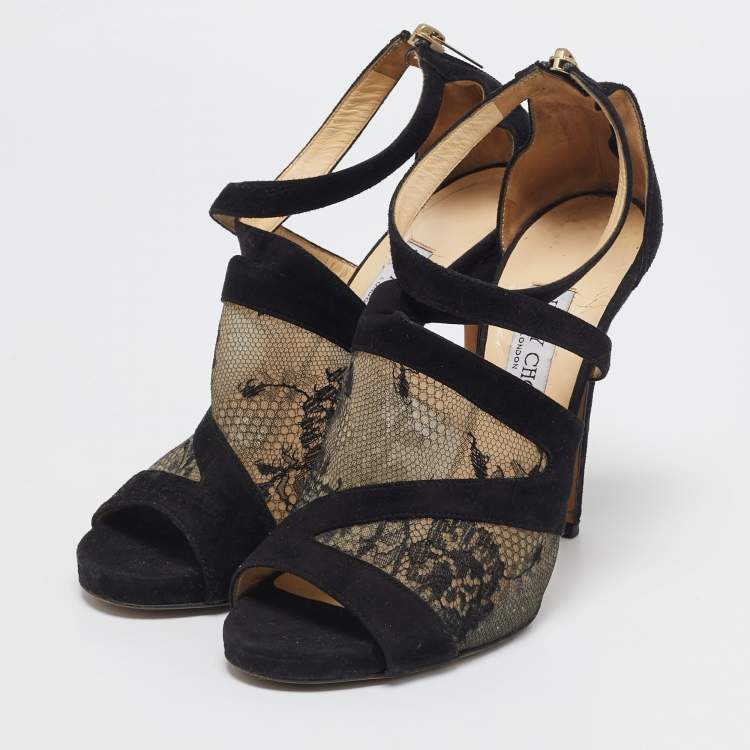 Pre Owned Jimmy Choo Black Lace and Suede Flyte Sandals Size 40