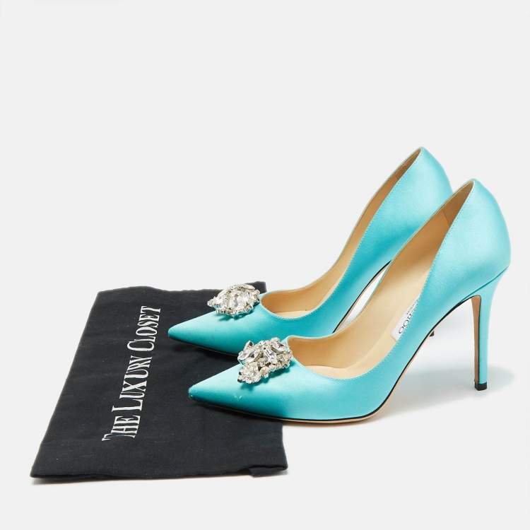 Pre Owned Jimmy Choo Blue Satin Crystal Embellished Pumps Size 38.5