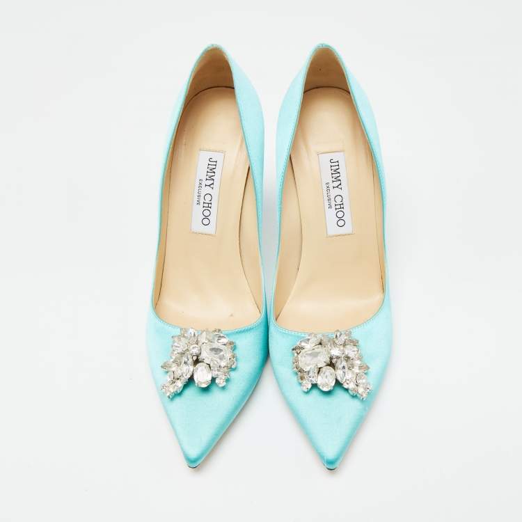 Pre Owned Jimmy Choo Blue Satin Crystal Embellished Pumps Size 38.5