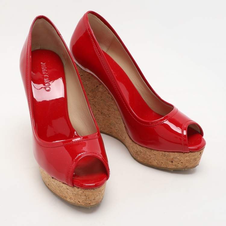 Pre Owned Jimmy Choo Red Patent Leather Papina Wedge Pumps Size 37