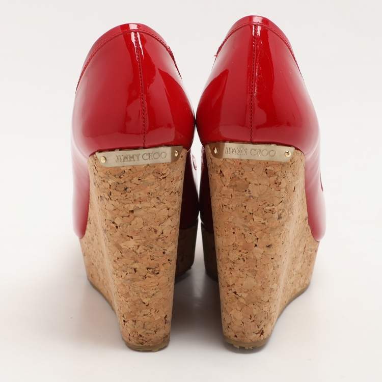 Pre Owned Jimmy Choo Red Patent Leather Papina Wedge Pumps Size 37