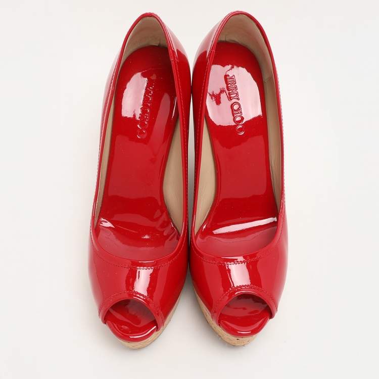 Pre Owned Jimmy Choo Red Patent Leather Papina Wedge Pumps Size 37