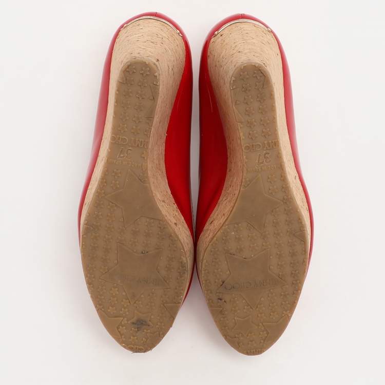 Pre Owned Jimmy Choo Red Patent Leather Papina Wedge Pumps Size 37