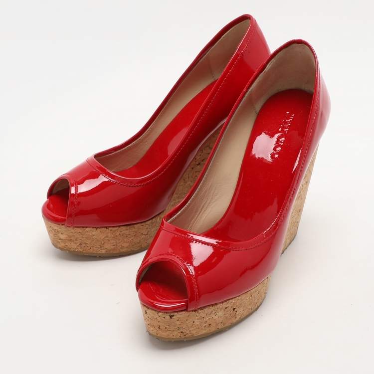 Pre Owned Jimmy Choo Red Patent Leather Papina Wedge Pumps Size 37