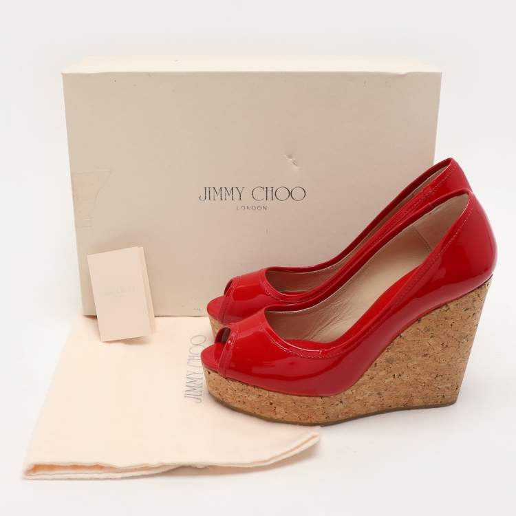 Pre Owned Jimmy Choo Red Patent Leather Papina Wedge Pumps Size 37