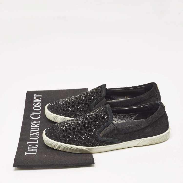 Pre Owned Jimmy Choo Black Suede Crystal Embellished Cut-Out Slip On Sneakers Size 36
