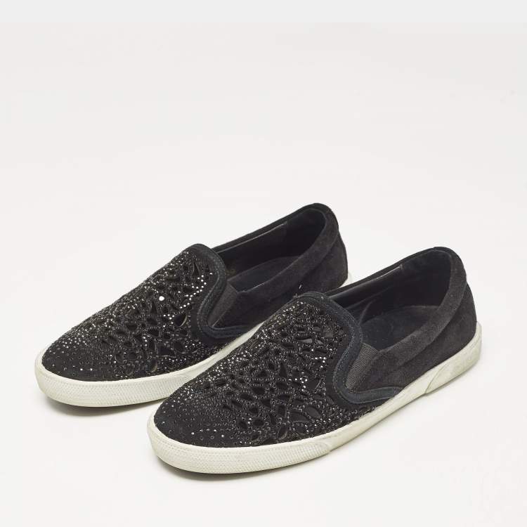 Pre Owned Jimmy Choo Black Suede Crystal Embellished Cut-Out Slip On Sneakers Size 36