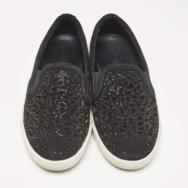 Pre Owned Jimmy Choo Black Suede Crystal Embellished Cut-Out Slip On Sneakers Size 36