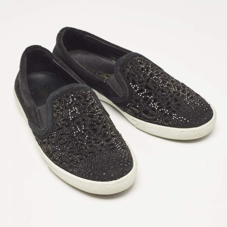 Pre Owned Jimmy Choo Black Suede Crystal Embellished Cut-Out Slip On Sneakers Size 36