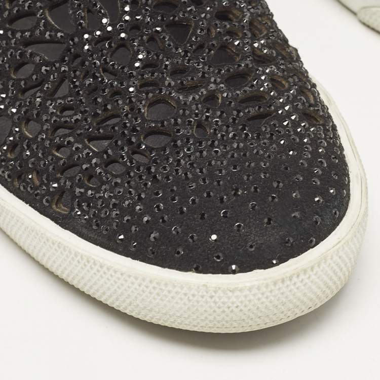 Pre Owned Jimmy Choo Black Suede Crystal Embellished Cut-Out Slip On Sneakers Size 36