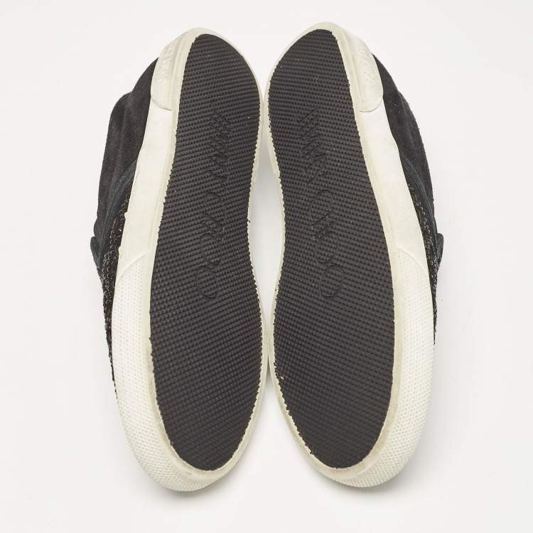 Pre Owned Jimmy Choo Black Suede Crystal Embellished Cut-Out Slip On Sneakers Size 36