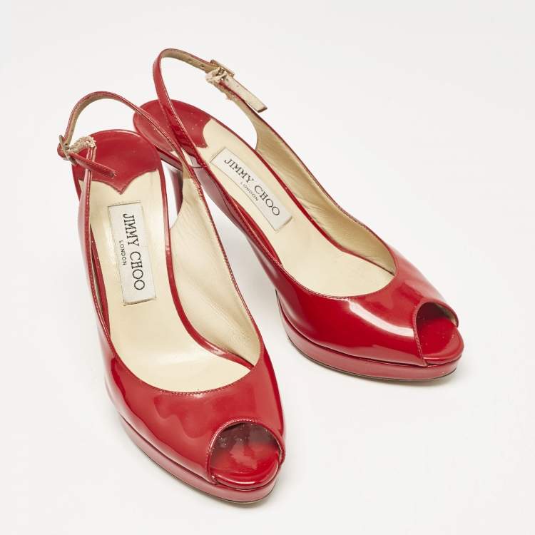 Pre Owned Jimmy Choo Red Patent Leather Clue Peep Toe Slingback Pumps Size 39