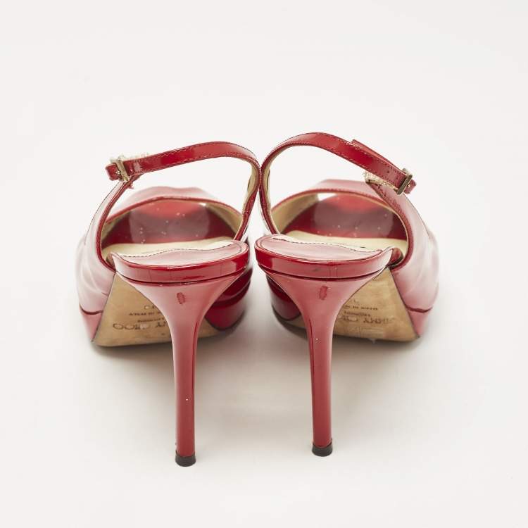 Pre Owned Jimmy Choo Red Patent Leather Clue Peep Toe Slingback Pumps Size 39