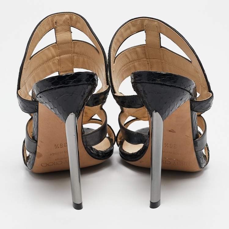 Pre Owned Jimmy Choo Black Zebra Print Calfhair and Snakeskin Vanisa Slide Sandals Size 36.5
