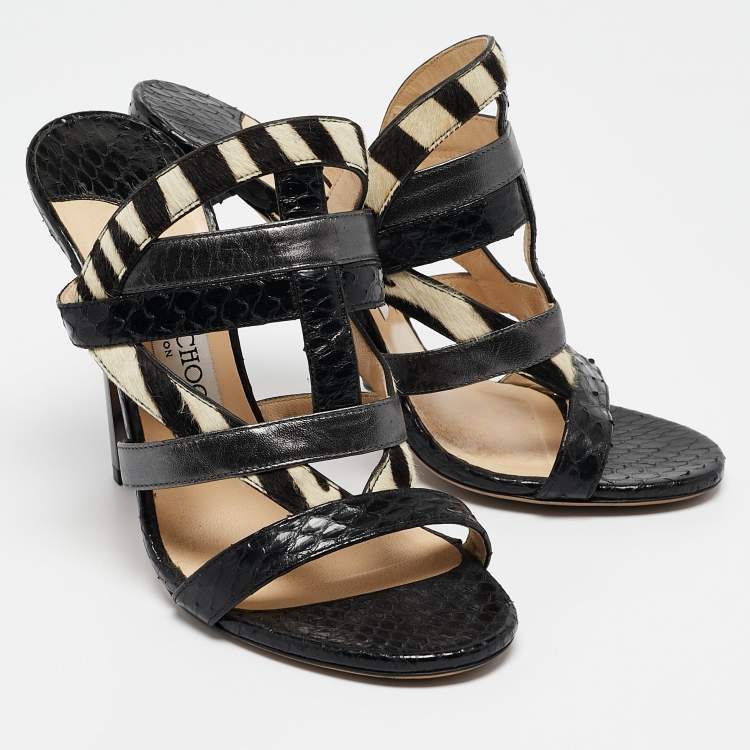 Pre Owned Jimmy Choo Black Zebra Print Calfhair and Snakeskin Vanisa Slide Sandals Size 36.5