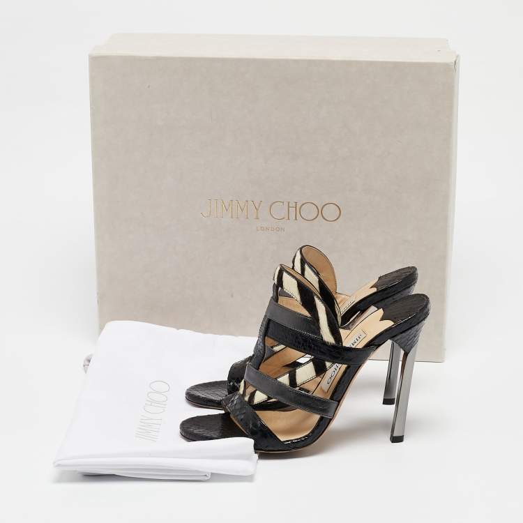 Pre Owned Jimmy Choo Black Zebra Print Calfhair and Snakeskin Vanisa Slide Sandals Size 36.5