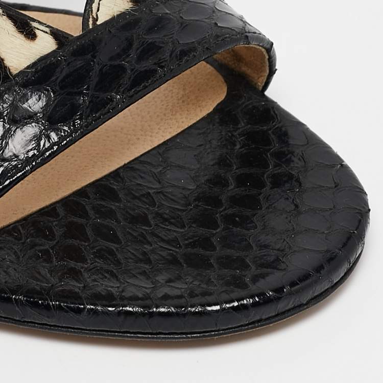 Pre Owned Jimmy Choo Black Zebra Print Calfhair and Snakeskin Vanisa Slide Sandals Size 36.5