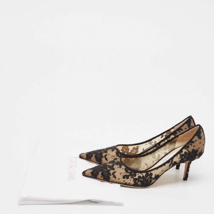 Pre Owned Jimmy Choo Black Floral Lace and Mesh Abel Pointed Toe Pumps Size 37