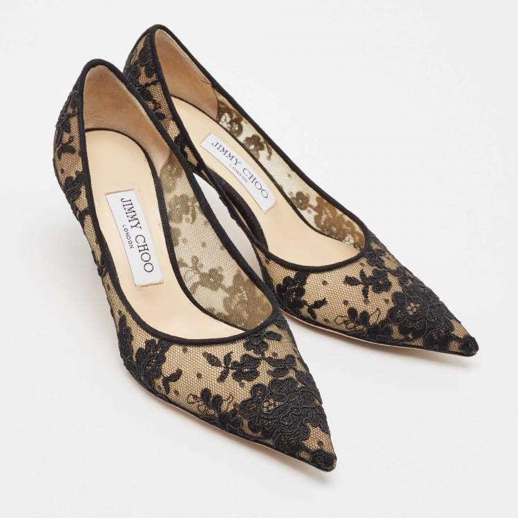 Pre Owned Jimmy Choo Black Floral Lace and Mesh Abel Pointed Toe Pumps Size 37