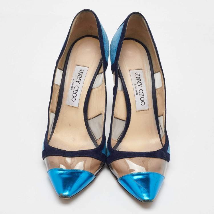Pre Owned Jimmy Choo Blue/Navy Blue Suede and PVC Romy Pointed Toe Pumps Size 39