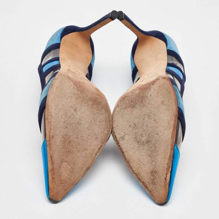 Pre Owned Jimmy Choo Blue/Navy Blue Suede and PVC Romy Pointed Toe Pumps Size 39