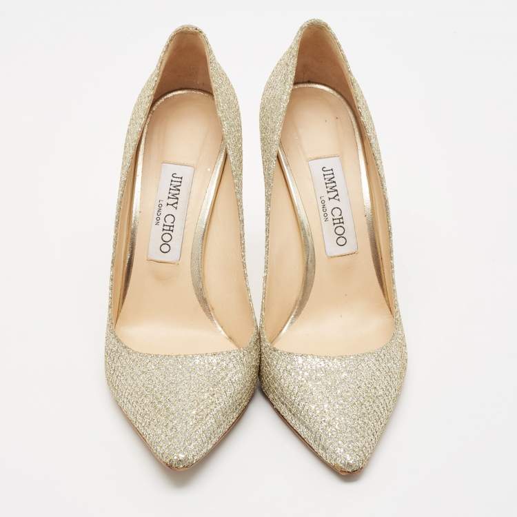 Pre Owned Jimmy Choo Silver Coarse Glitter Romy Pointed Toe Pumps Size 38.5