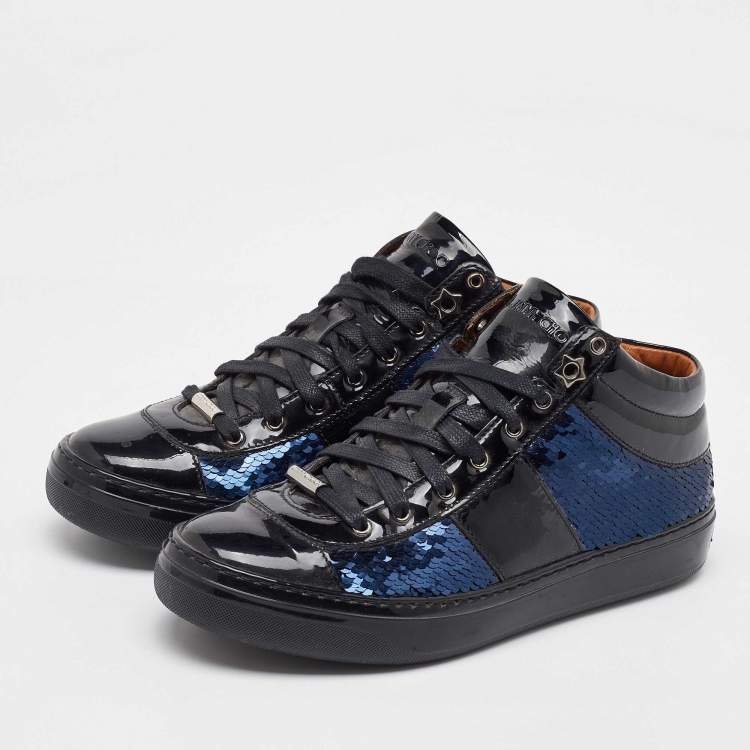 Pre Owned Jimmy Choo Black/Navy Blue Patent Leather and Sequins Low Top Sneakers Size 37