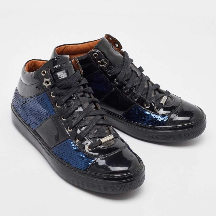 Pre Owned Jimmy Choo Black/Navy Blue Patent Leather and Sequins Low Top Sneakers Size 37
