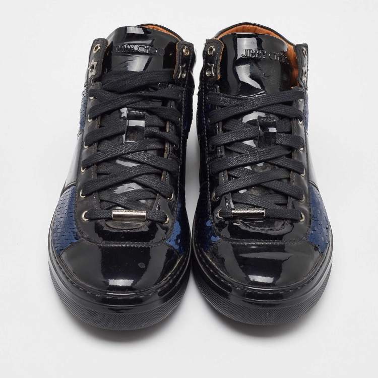 Pre Owned Jimmy Choo Black/Navy Blue Patent Leather and Sequins Low Top Sneakers Size 37