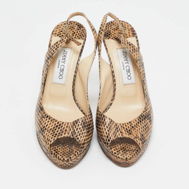 Pre Owned Jimmy Choo Two  Tone Python Leather Peep Toe Platform Nova Slingback Sandals Size 38.5