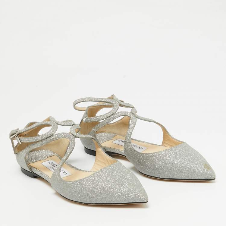 Pre Owned Jimmy Choo Silver Glitter Lancer Flats Size 36