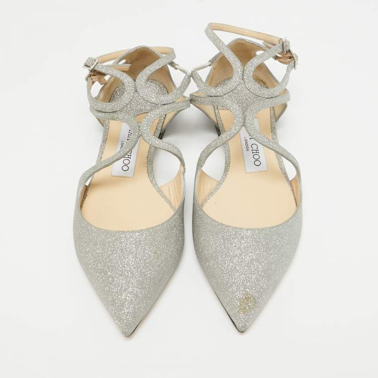 Pre Owned Jimmy Choo Silver Glitter Lancer Flats Size 36