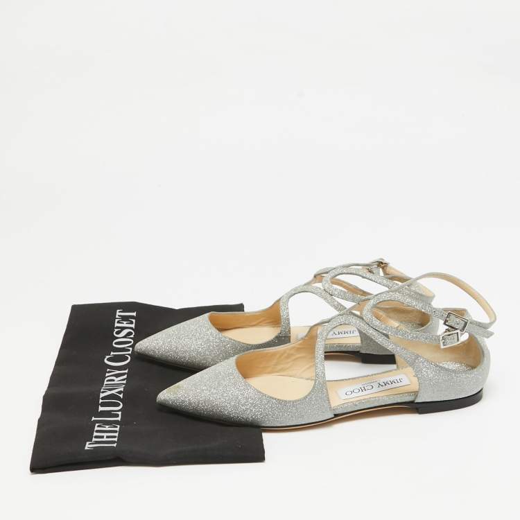 Pre Owned Jimmy Choo Silver Glitter Lancer Flats Size 36