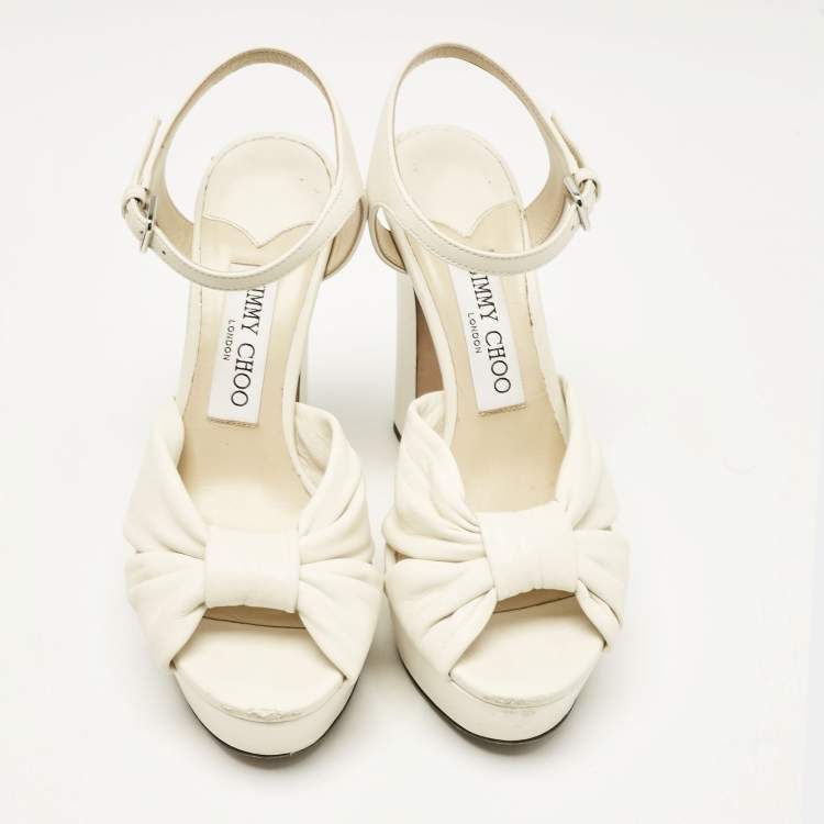 Pre Owned Jimmy Choo Cream Leather Peep Toe Platform Ankle Strap Sandals Size 37