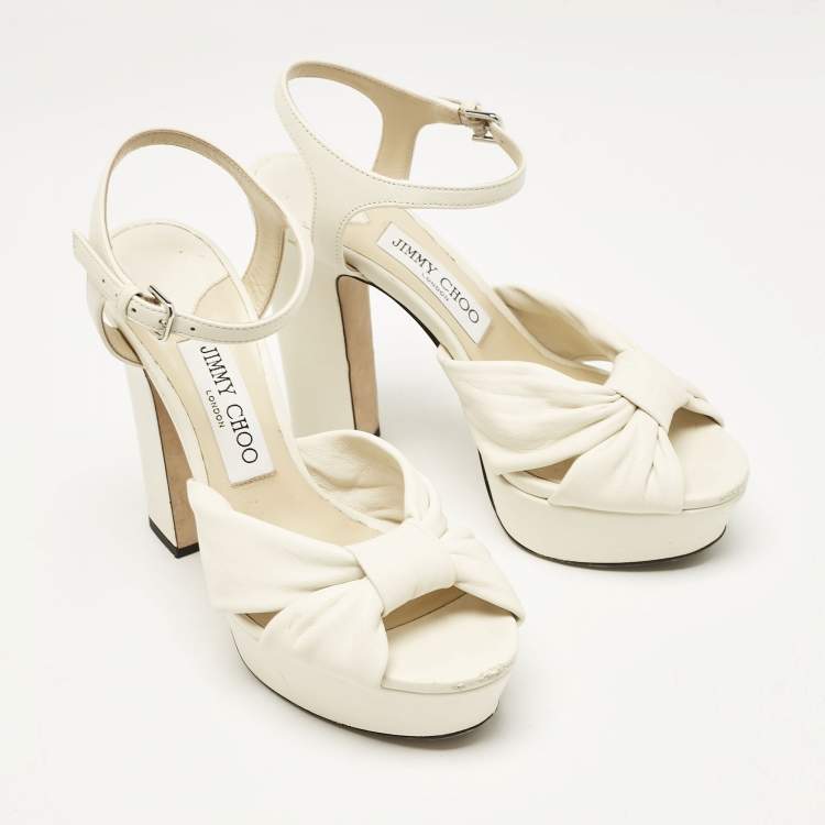 Pre Owned Jimmy Choo Cream Leather Peep Toe Platform Ankle Strap Sandals Size 37