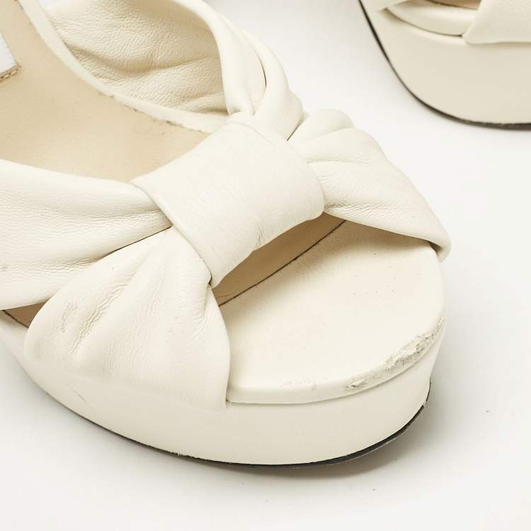 Pre Owned Jimmy Choo Cream Leather Peep Toe Platform Ankle Strap Sandals Size 37
