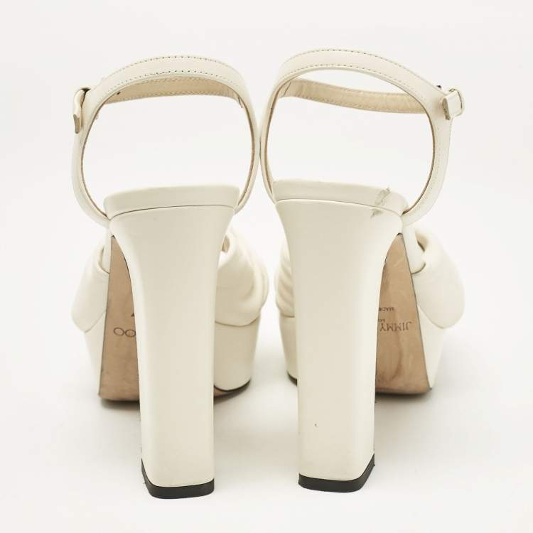 Pre Owned Jimmy Choo Cream Leather Peep Toe Platform Ankle Strap Sandals Size 37