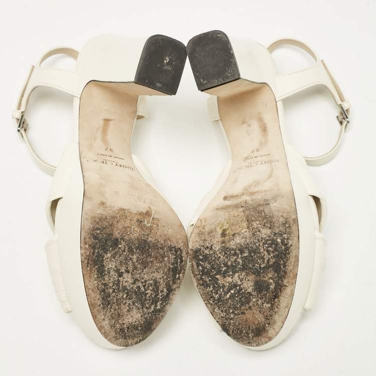 Pre Owned Jimmy Choo Cream Leather Peep Toe Platform Ankle Strap Sandals Size 37